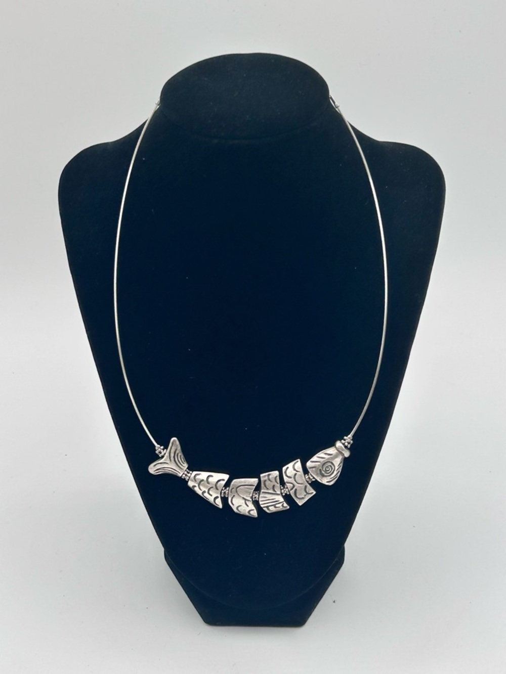 Vintage Feifish Brand Segmented Fish Necklace Silvertone 7"-9" Adjustable